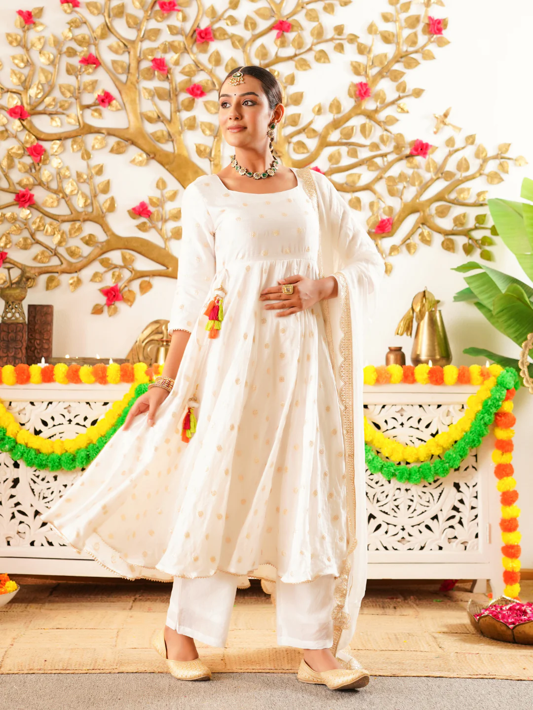 White Chanderi Festive Suit Set with Palazzo & Dupatta