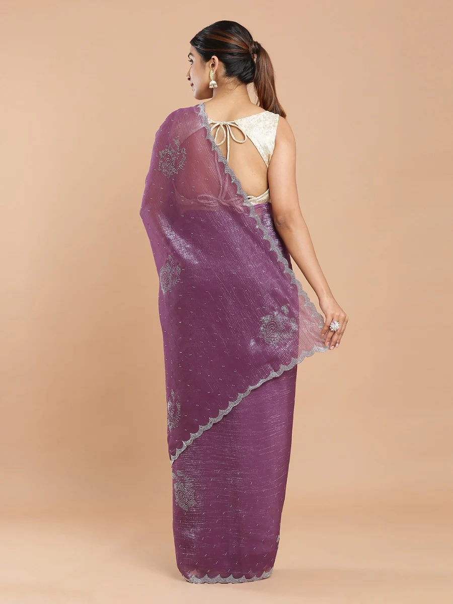 Shimmer Chiffon Dusty Grape Saree with Mini Stone Work