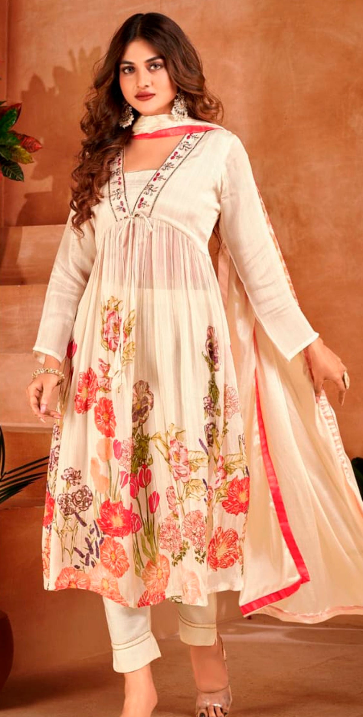 Off-white  Embroidered Anarkali Suit
