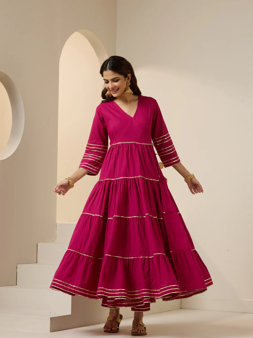 Pink Cotton Gotta Patti Angrakha Kurta Set With Straight Bottom And Dupatta