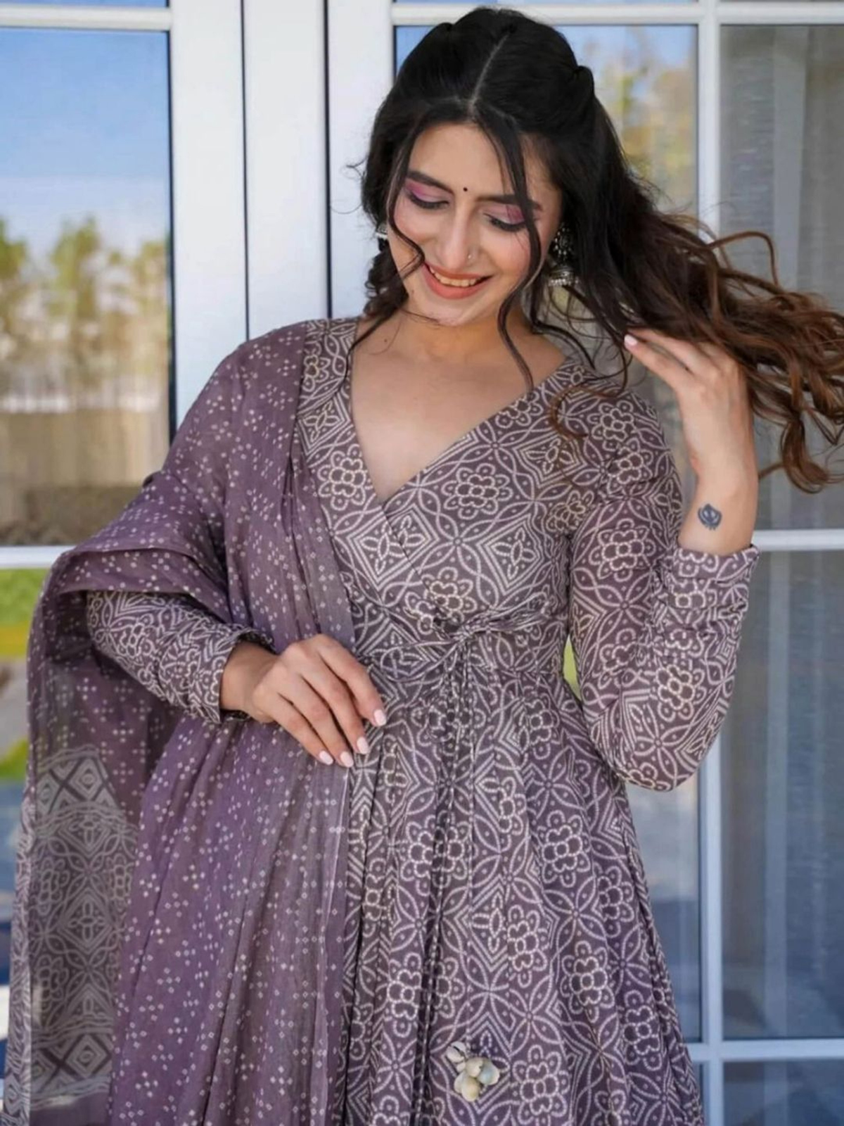 Bandhani Printed V-Neck Angrakha Pure Cotton Kurta With Palazzos And Dupatta