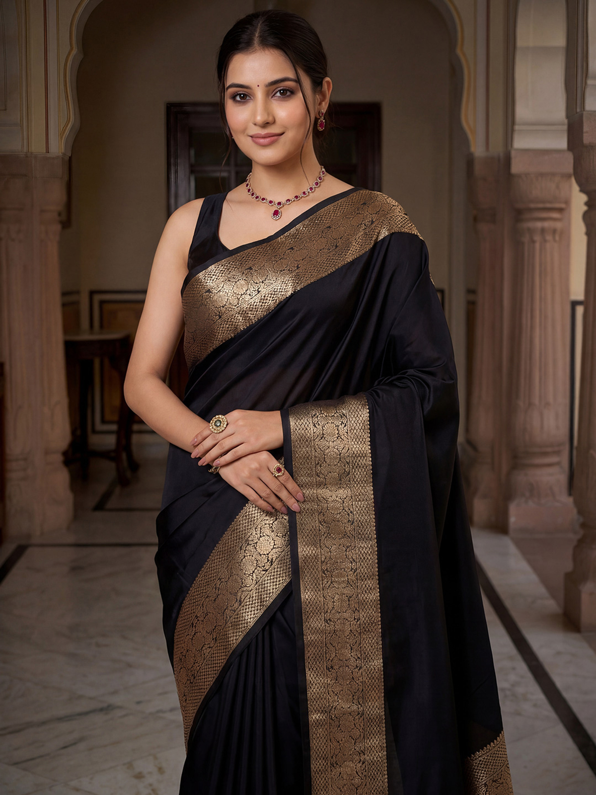 Black Banarasi Silk Blend Saree with Zari Woven Border