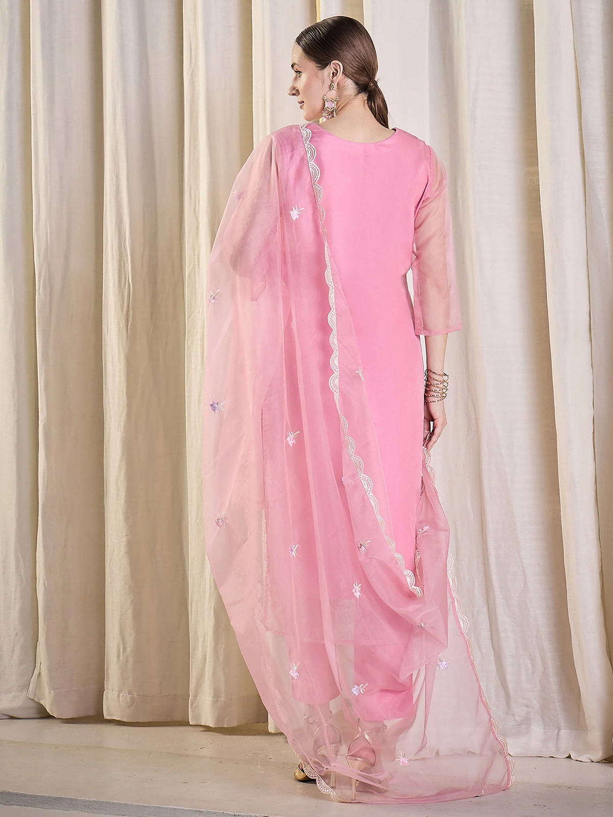 Pink Embroidered Organza Straight Suit Set with Trousers & Dupatta