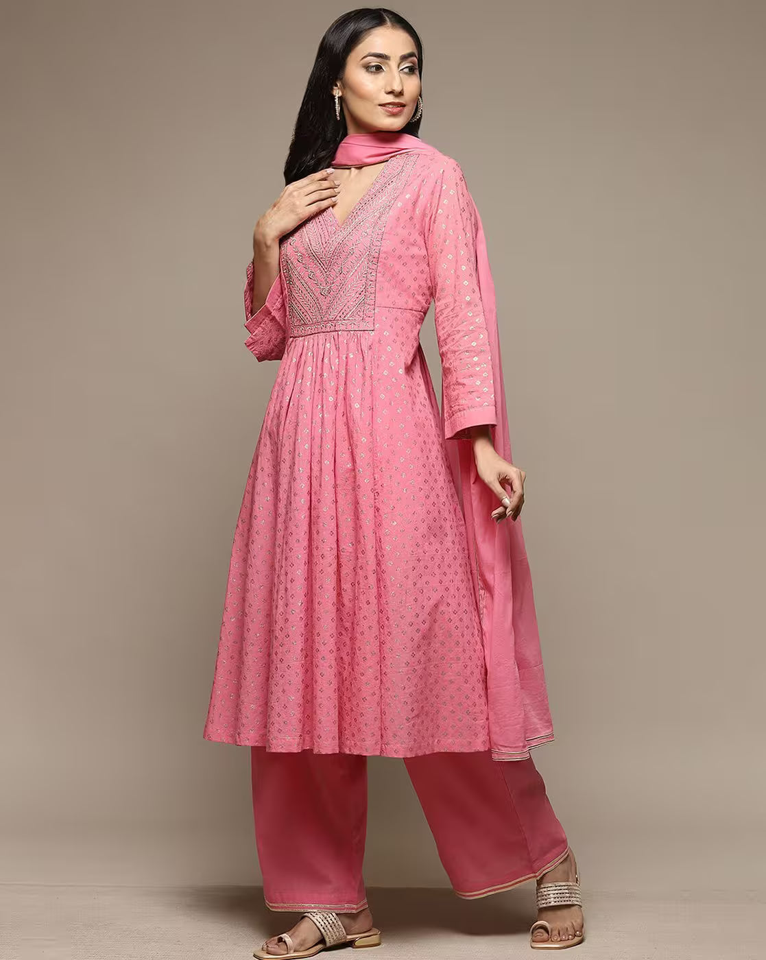 aromie pink three piece kurtha with dupatta and palazzo pants Embroidered Anarkali Kurta Set on model