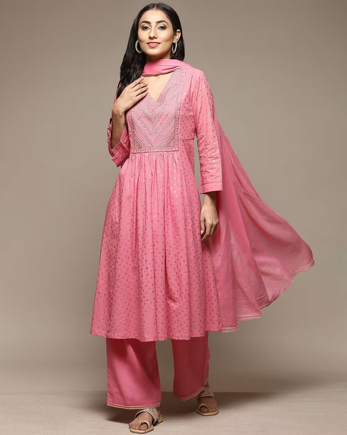Embroidered Anarkali Kurta Set aromie pink three piece kurta with embroidered yoke V neckline straight pants and dupatta