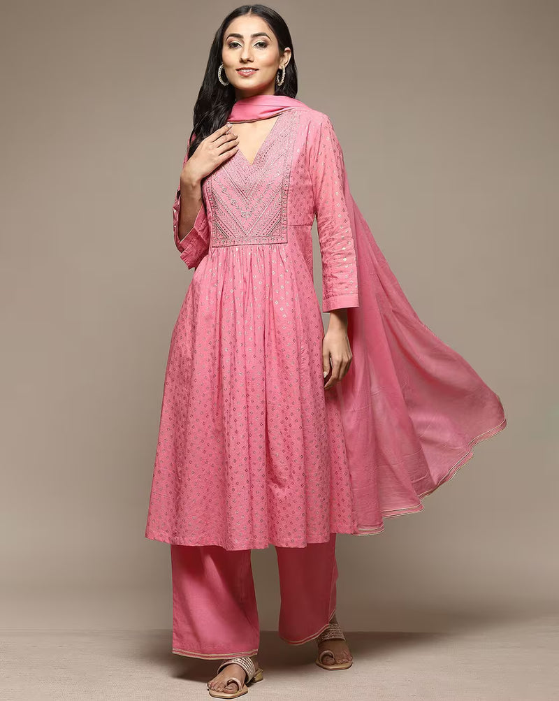 Embroidered Anarkali Kurta Set aromie pink three piece kurta with embroidered yoke V neckline straight pants and dupatta