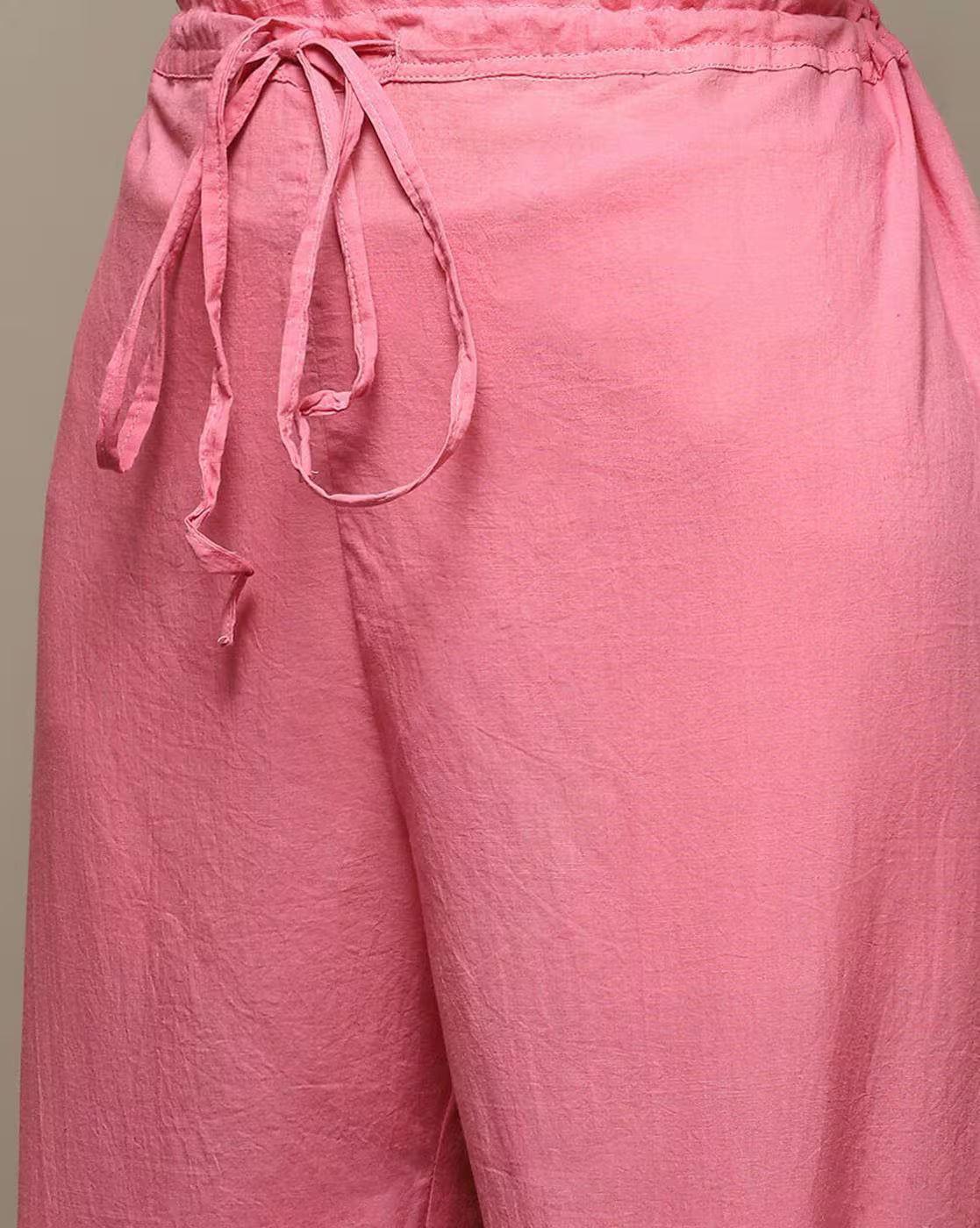 Embroidered Anarkali Kurta Set aromie pink drawstring palazzo pants closeup showing fabric texture