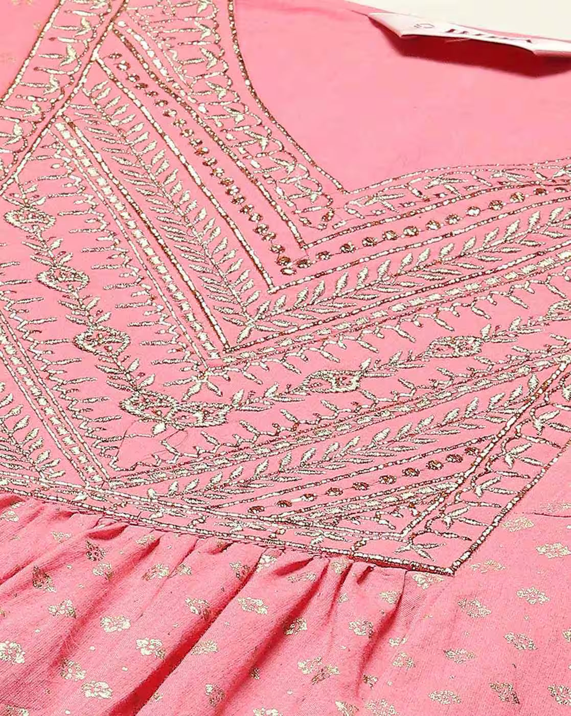 Aromie pink 3 piece Kurtha close up showing silver thread embroidery on bodice and gathered skirt Embroidered Anarkali Kurta Set