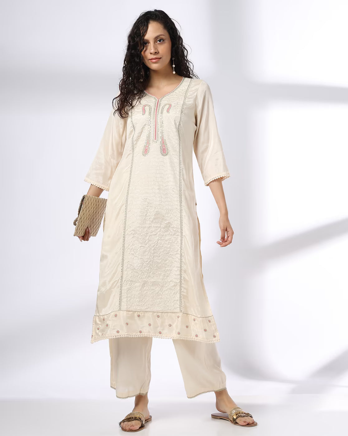 Women Embroidered Straight Kurta with Palazzos & Dupatta