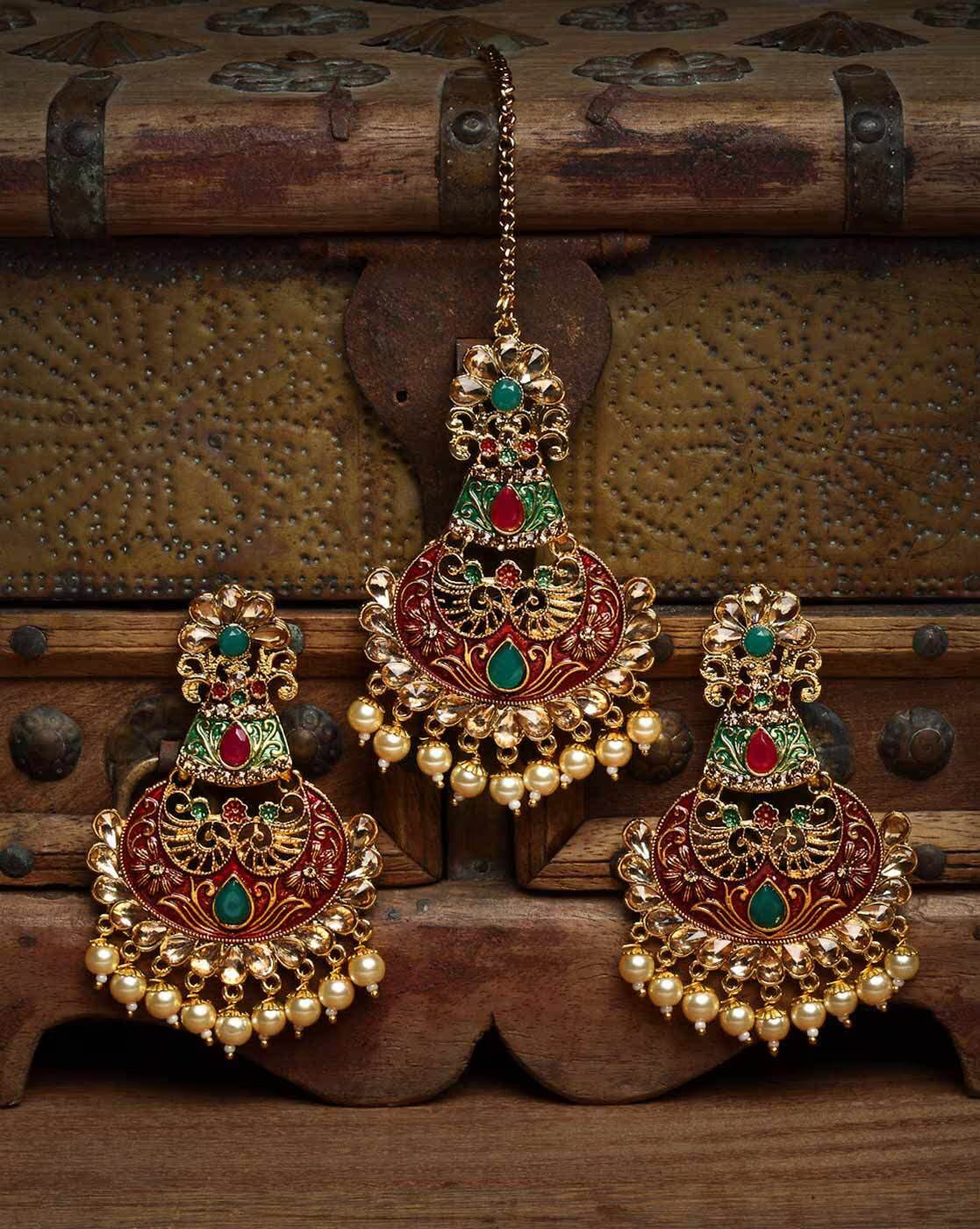 Gold-Plated Floral Mangtika with Earrings