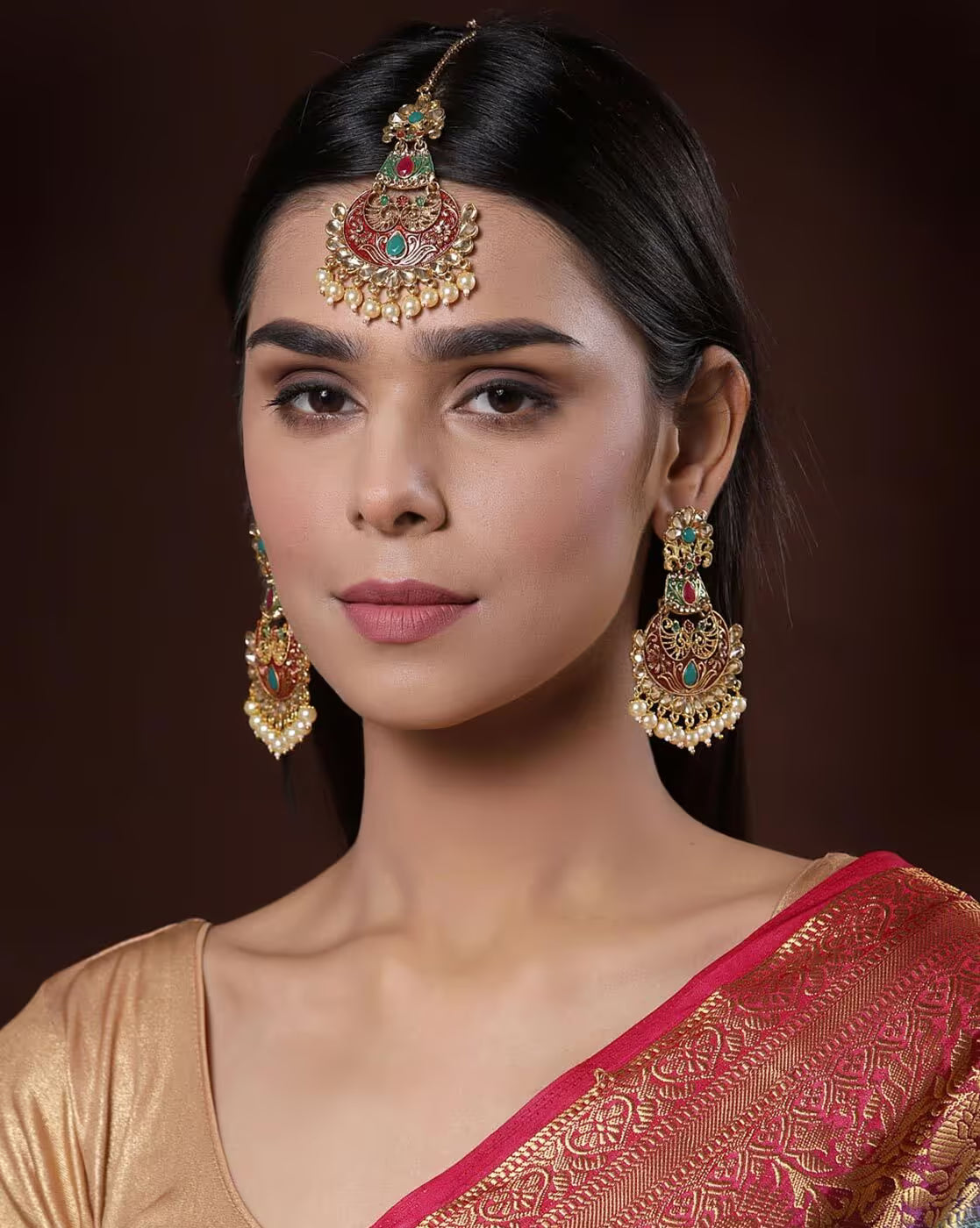 Gold-Plated Floral Mangtika with Earrings