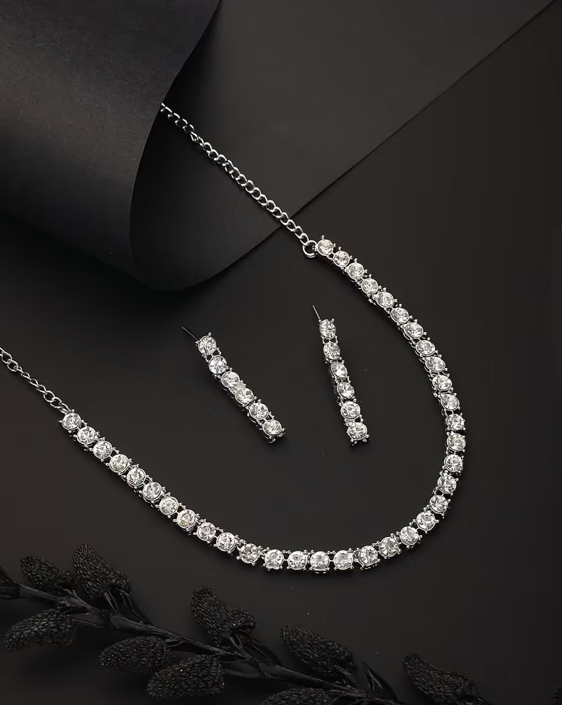 Rhodium-Plated American Diamond-Studded Necklace with Earrings | FS