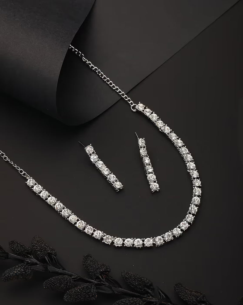 Rhodium-Plated American Diamond-Studded Necklace with Earrings | FS aromie