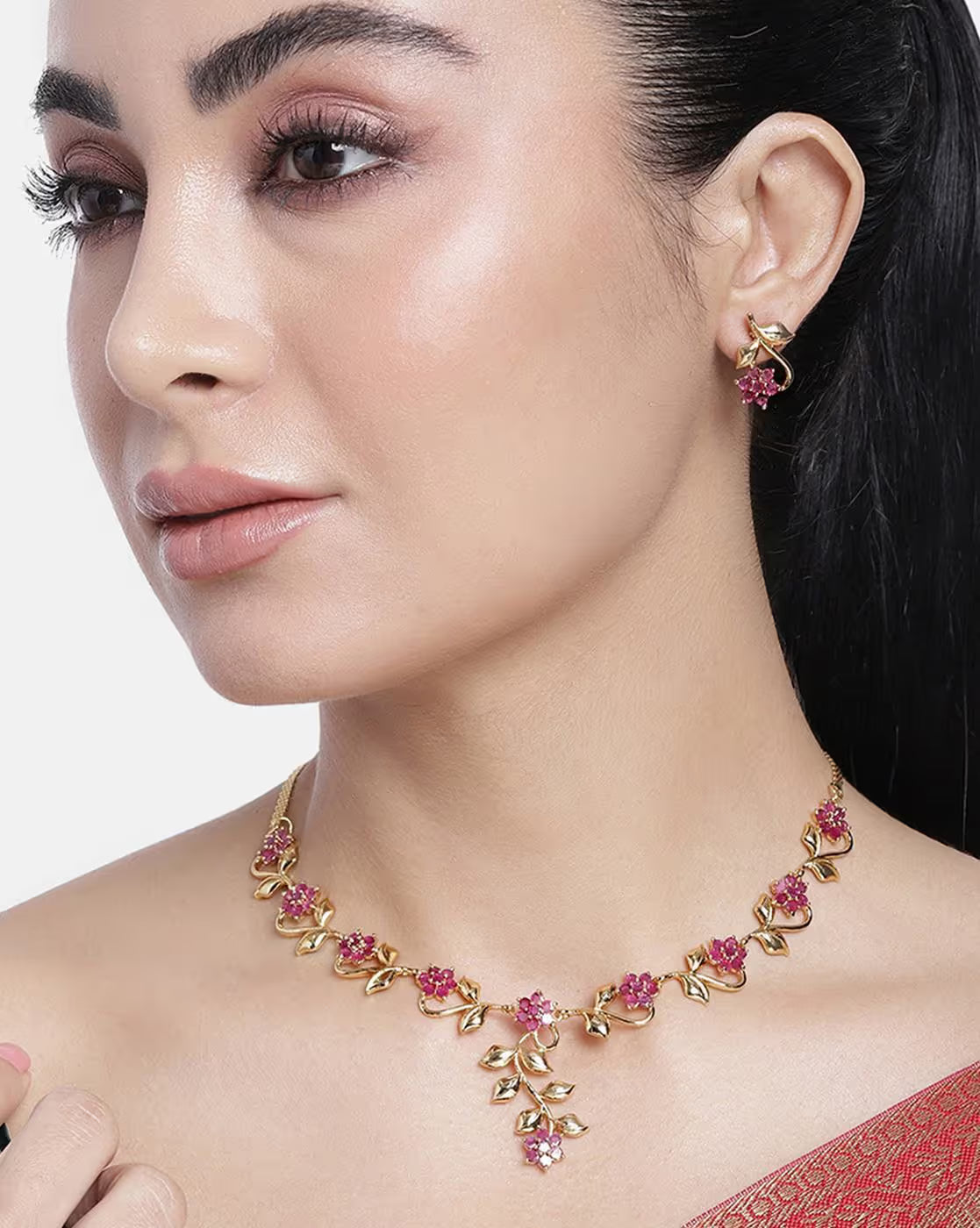 Gold-Plated Ruby Necklace Set | FreeSize