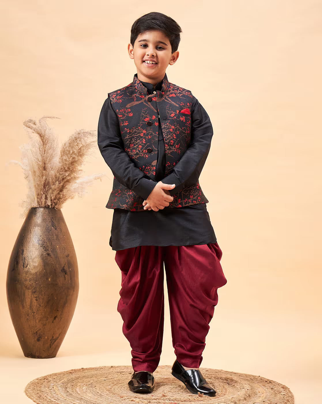 Boys Floral Print Kurta with Dhoti Pants & Jacket