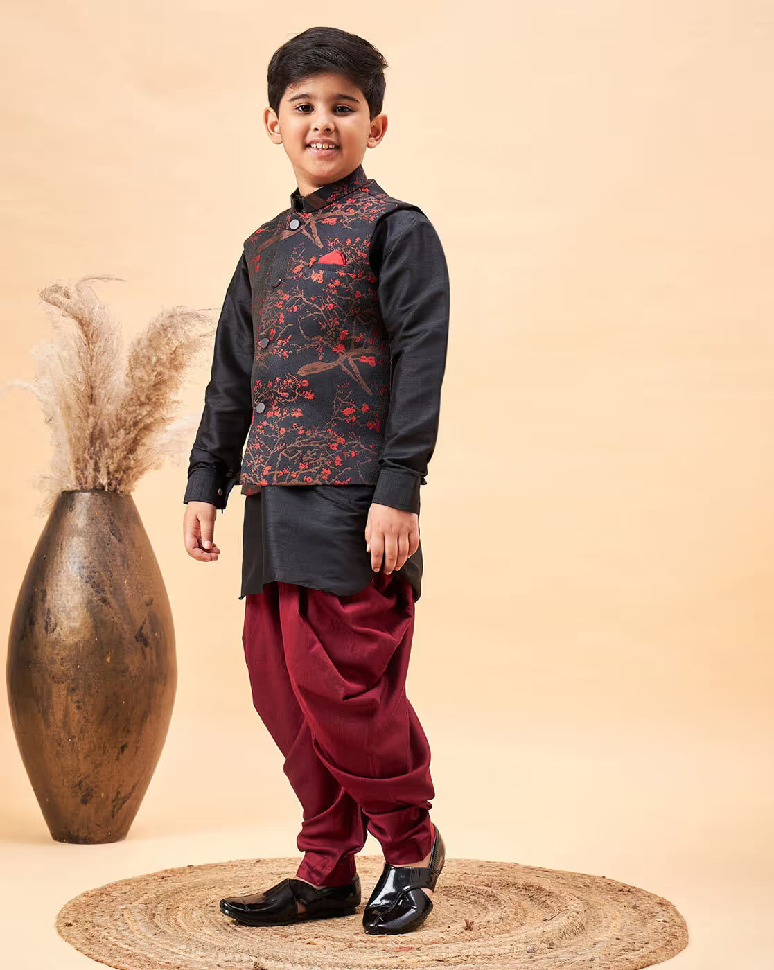 Boys Floral Print Kurta with Dhoti Pants & Jacket