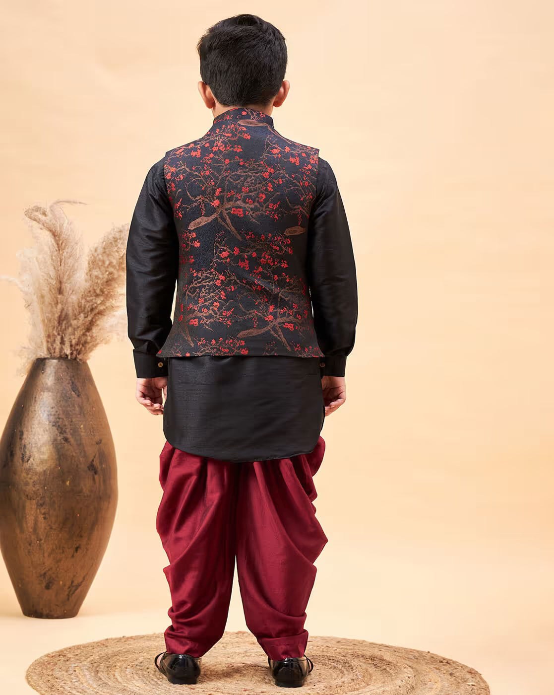 Boys Floral Print Kurta with Dhoti Pants & Jacket