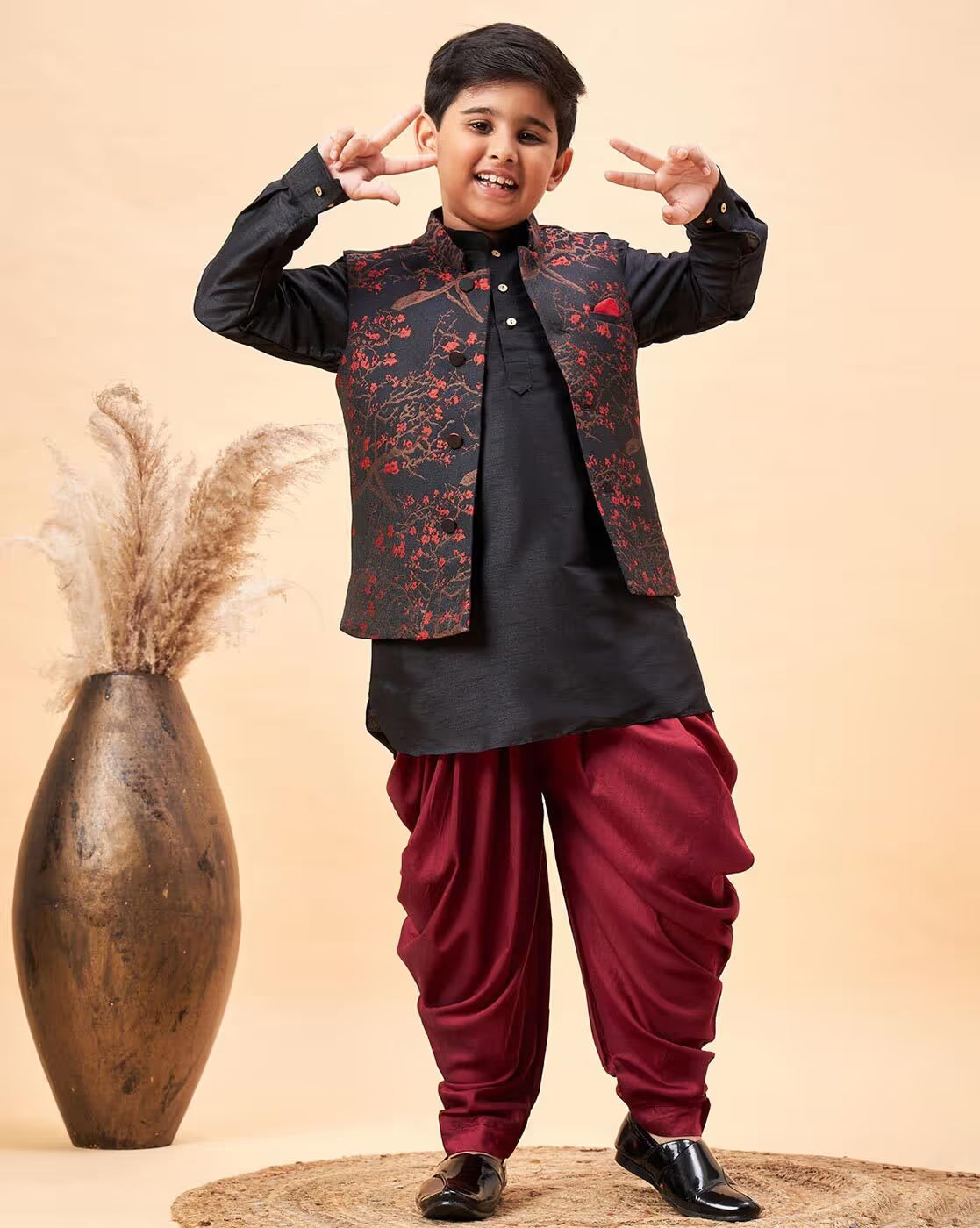 Boys Floral Print Kurta with Dhoti Pants & Jacket