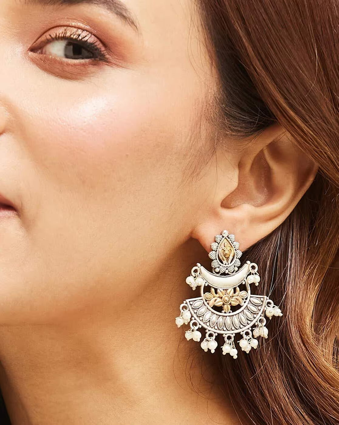 Women Silver-Plated Drop Earrings with Pearl Drops