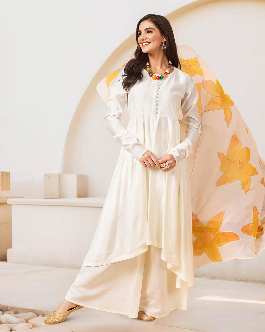 Aromie three piece kurtha ivory silk with embroidered yoke flowing dupatta and palazzo pants Floral Silk Kurta Set Canada