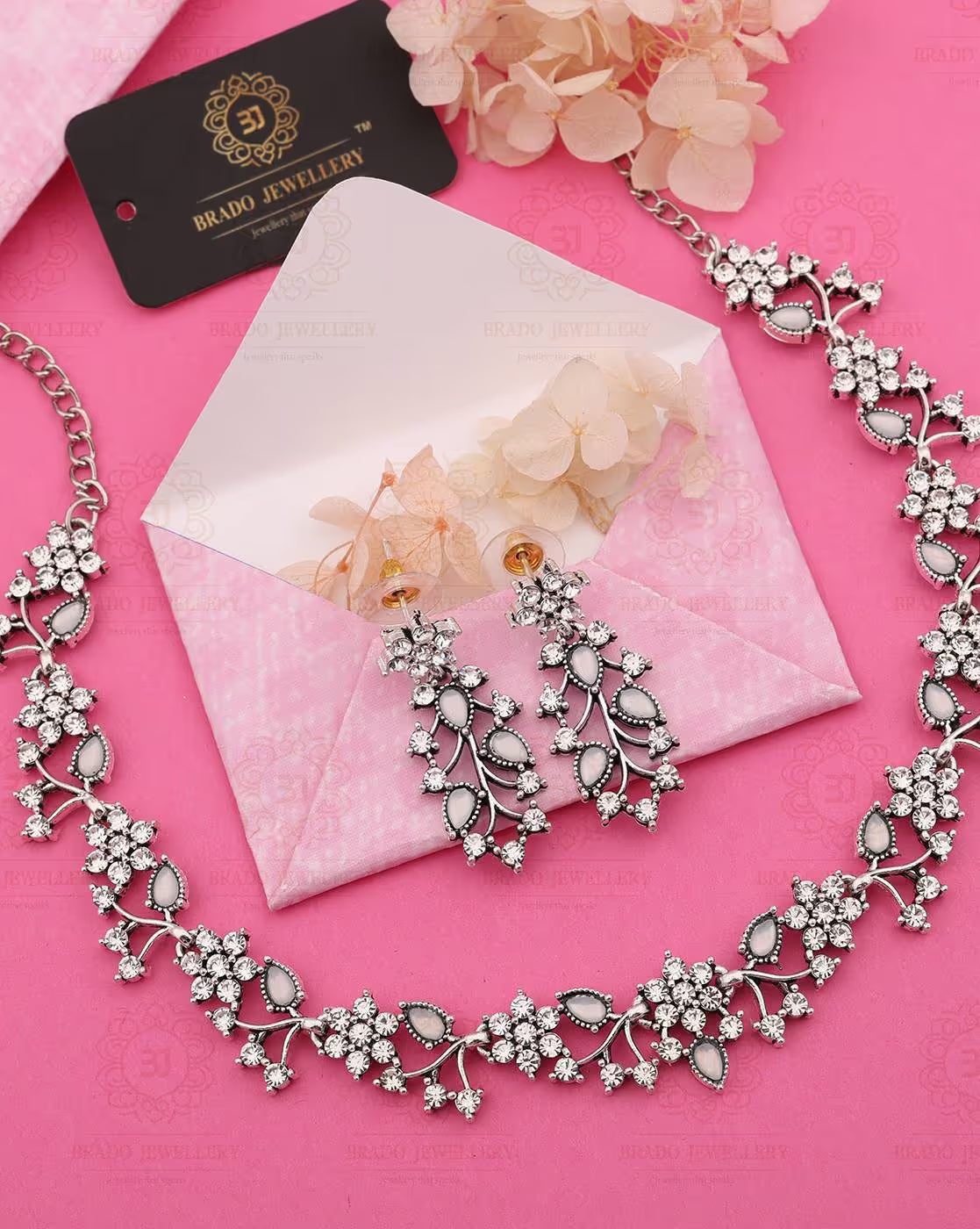 Women Oxidised AD Studded Silver-Plated Necklace & Earrings Set | FS
