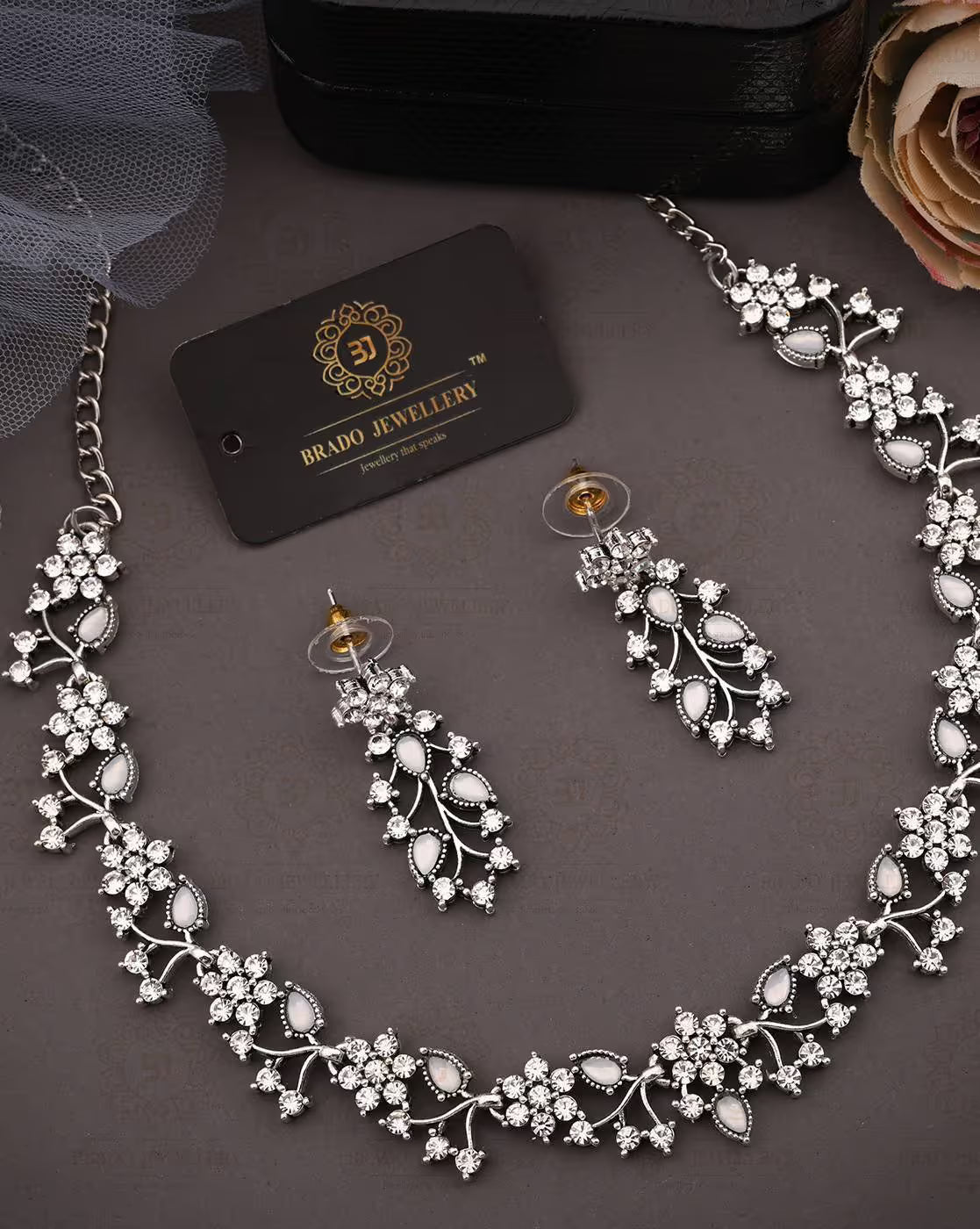 Women Oxidised AD Studded Silver-Plated Necklace & Earrings Set | FS