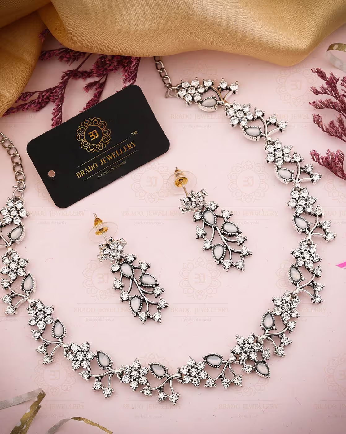 Women Oxidised AD Studded Silver-Plated Necklace & Earrings Set | FS