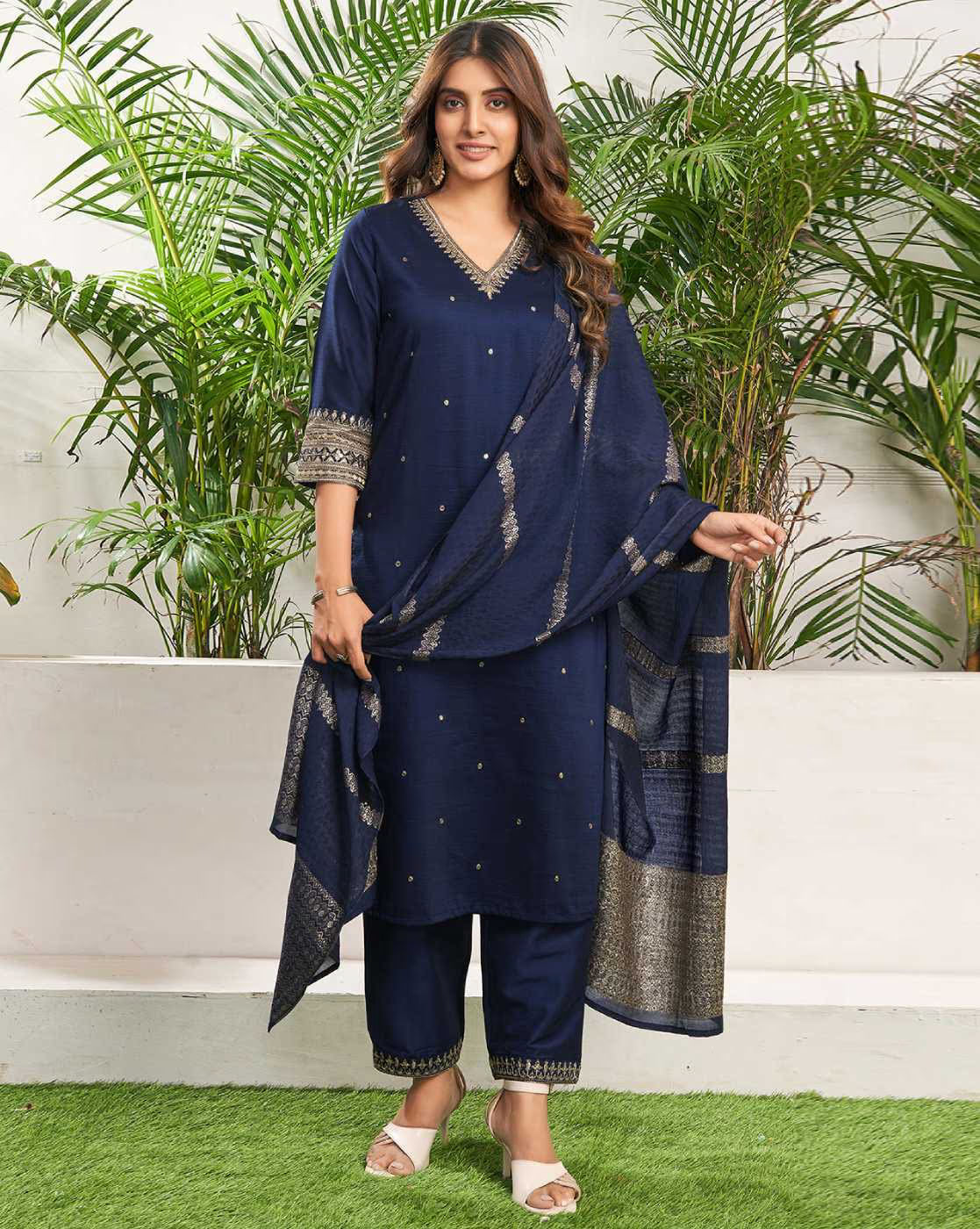 Elegant navy sequined embroidered kurta suit set with stylish dupatta and matching pants