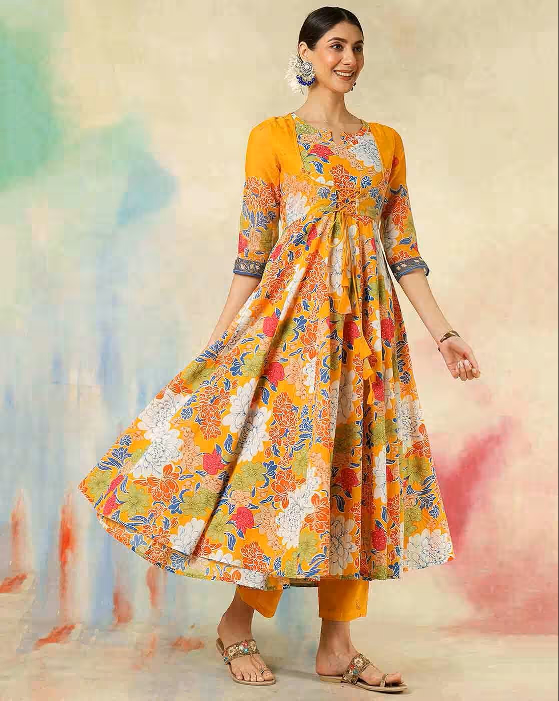 Aromie three piece kurtha floral yellow anarkali dress set with straight pants on model maroon anarkali dress online
