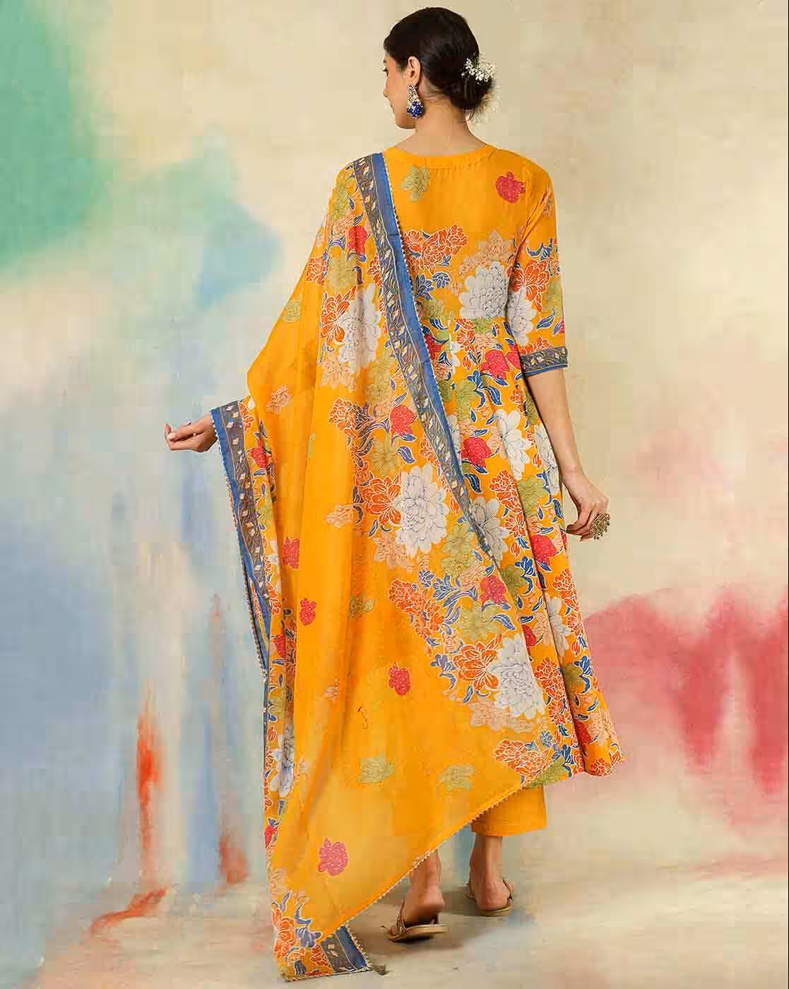 Aromie three piece kurtha set yellow floral print with dupatta shown from back maroon anarkali dress online