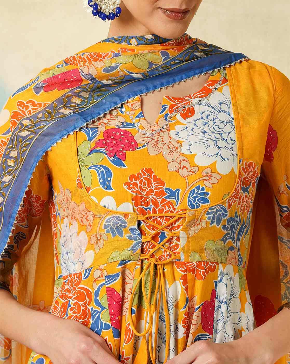 Aromie three piece kurtha yellow floral Anarkali style with blue dupatta and lace up waist maroon anarkali dress online
