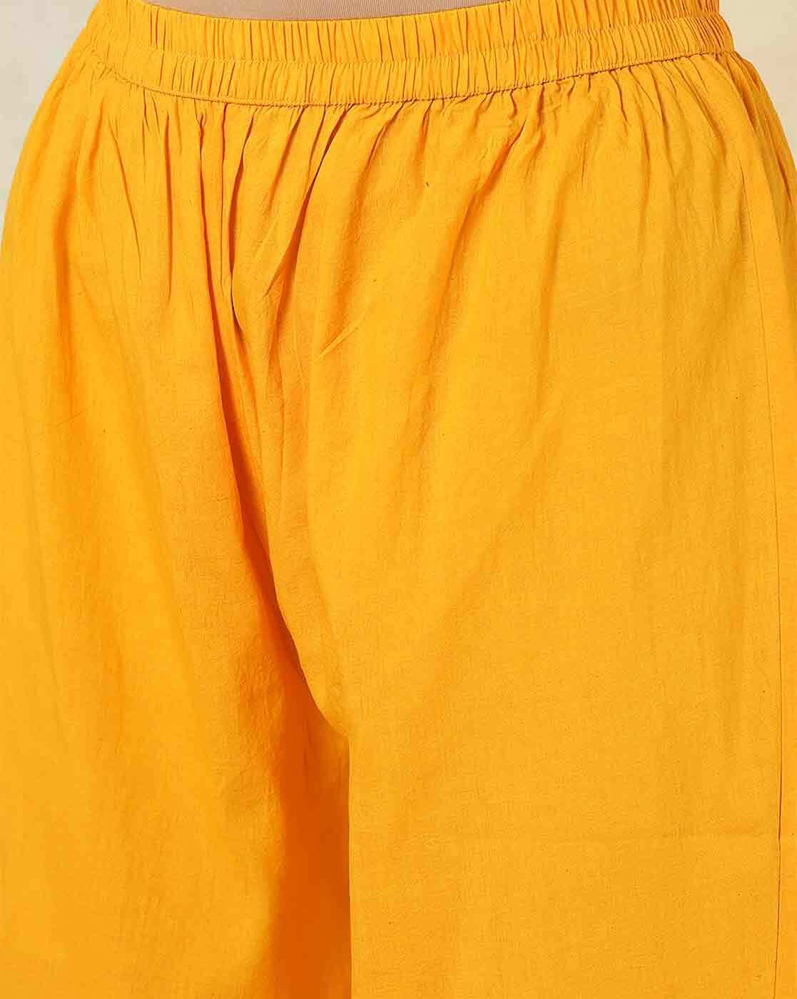 Aromie three piece Kurtha yellow cotton pajama with elastic waist casual fit maroon anarkali dress online