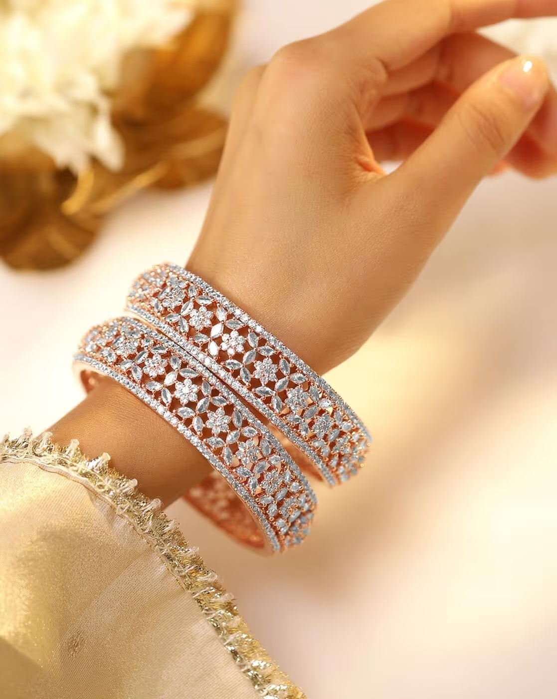 Women 22K Gold-Plated CZ Dual-Tone Handcrafted Bangles | 2.6