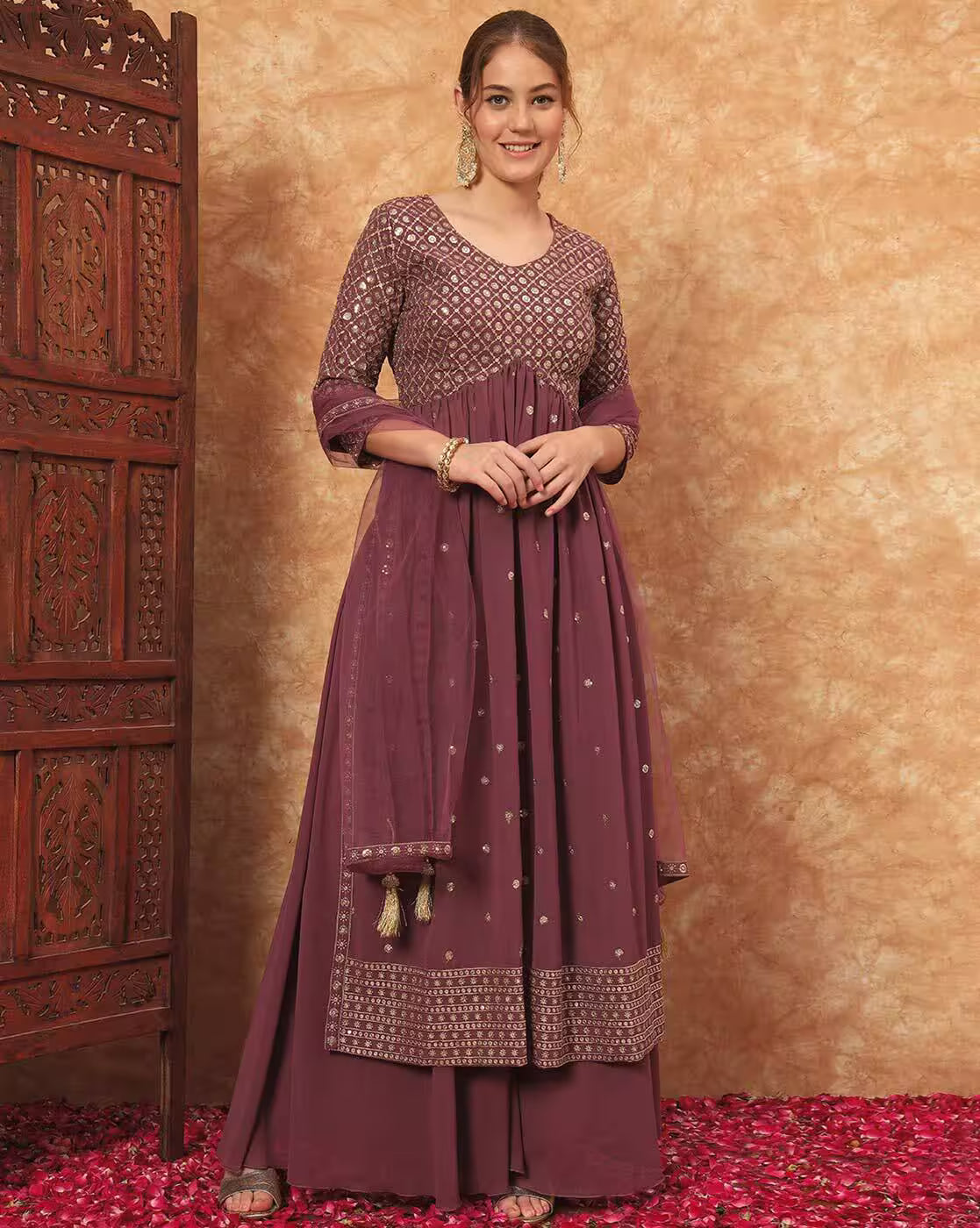 Aromie three piece Kurtha featuring Georgette Embroidered Festive Gown in mauve with embroidered bodice dupatta and palazzo