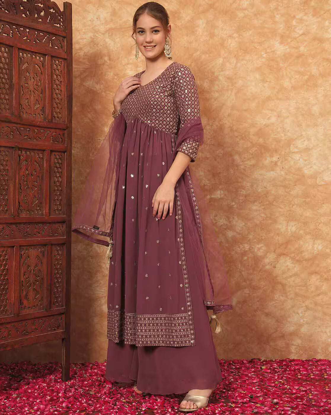 Aromie three piece Kurtha mauve set with detailed embroidery net dupatta and palazzo pants Georgette Embroidered Festive Gown