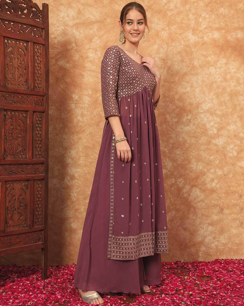 Aromie three piece Kurtha showcasing Georgette Embroidered Festive Gown in plum with embellished bodice and palazzo pants