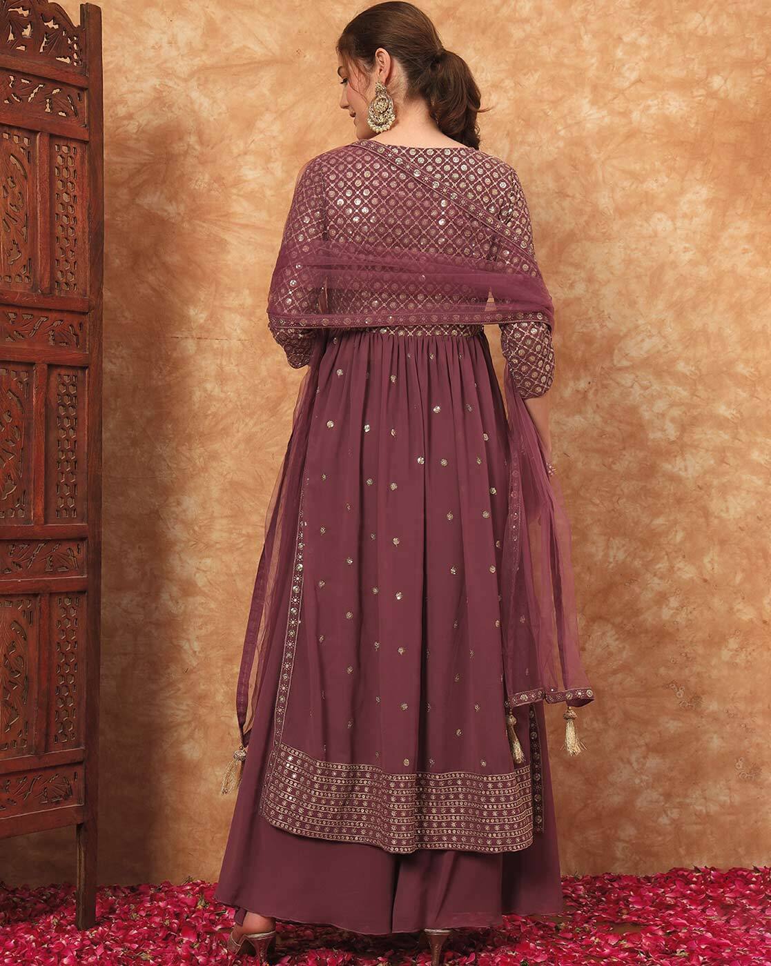 Back view aromie three piece kurtha set in plum with embellished bodice dupatta and palazzo Georgette Embroidered Festive Gown