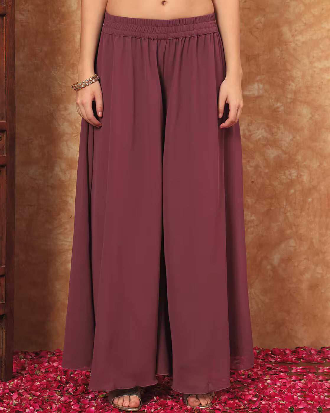 Aromie three piece Kurtha maroon wide palazzo pants paired in Georgette Embroidered Festive Gown set