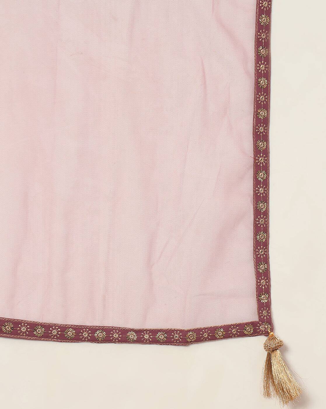 aromie Georgette Embroidered Festive Gown three piece kurtha light pink dupatta with maroon floral border and gold tassel
