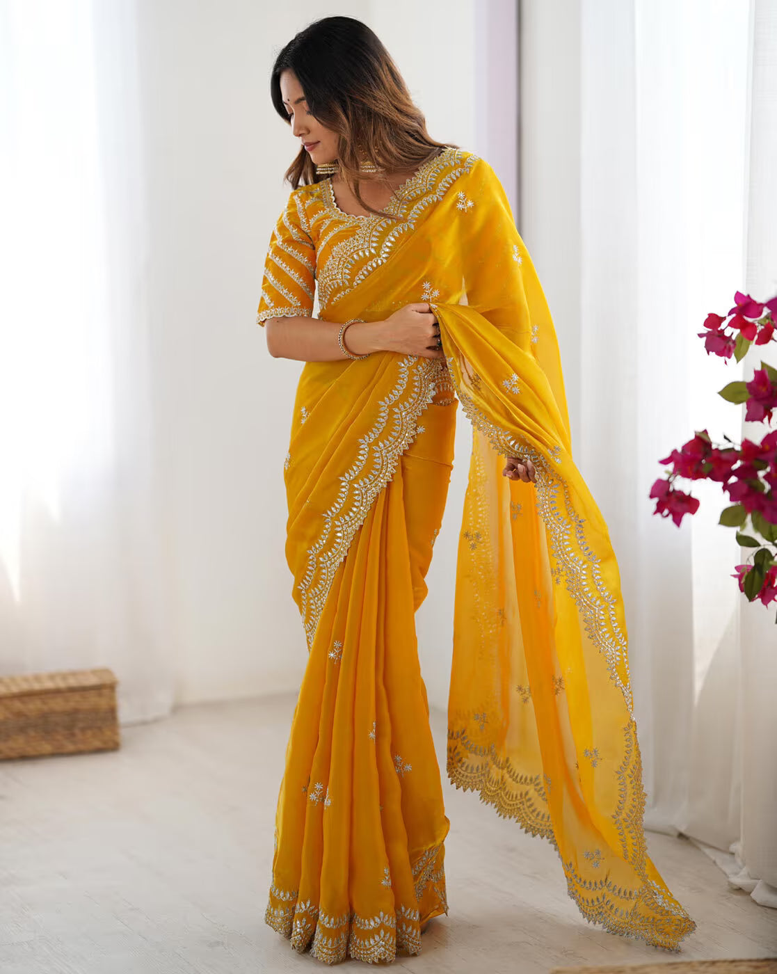 Women Sequins Embroidered Saree with Scallop Border