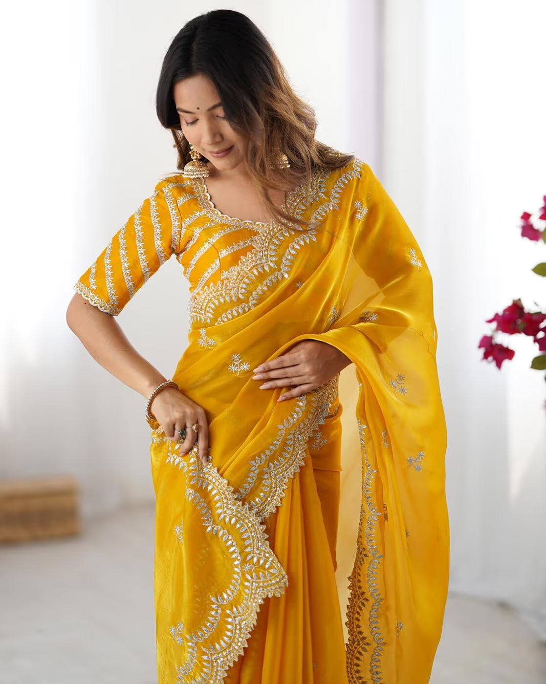 Women Sequins Embroidered Saree with Scallop Border