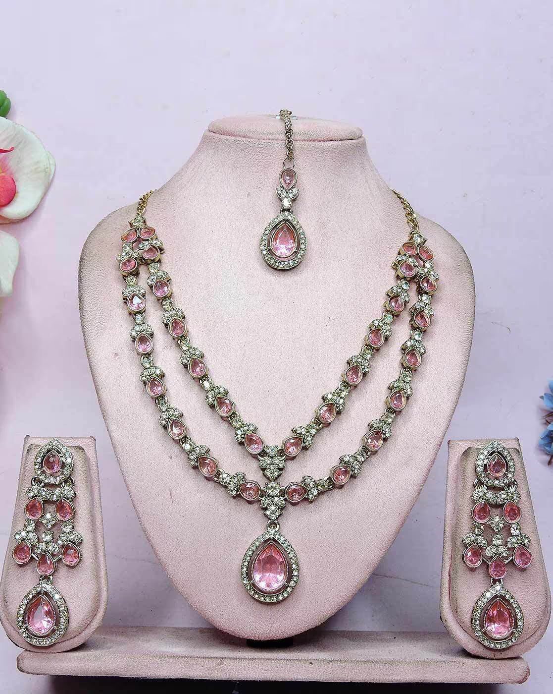 Women Stone-Studded Necklace & Earrings with Mangtika Set