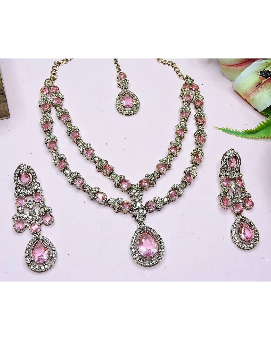 Women Stone-Studded Necklace & Earrings with Mangtika Set