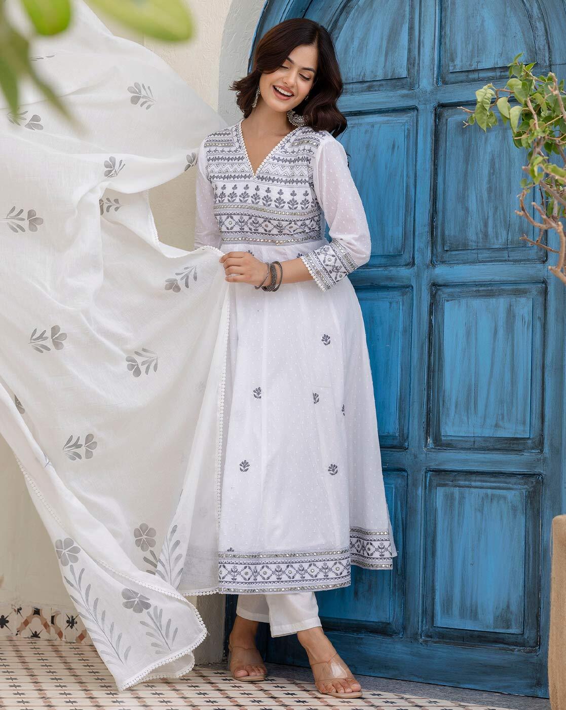 Aromie white embroidered kurta set for women with grey floral embroidery V neck dupatta by blue door