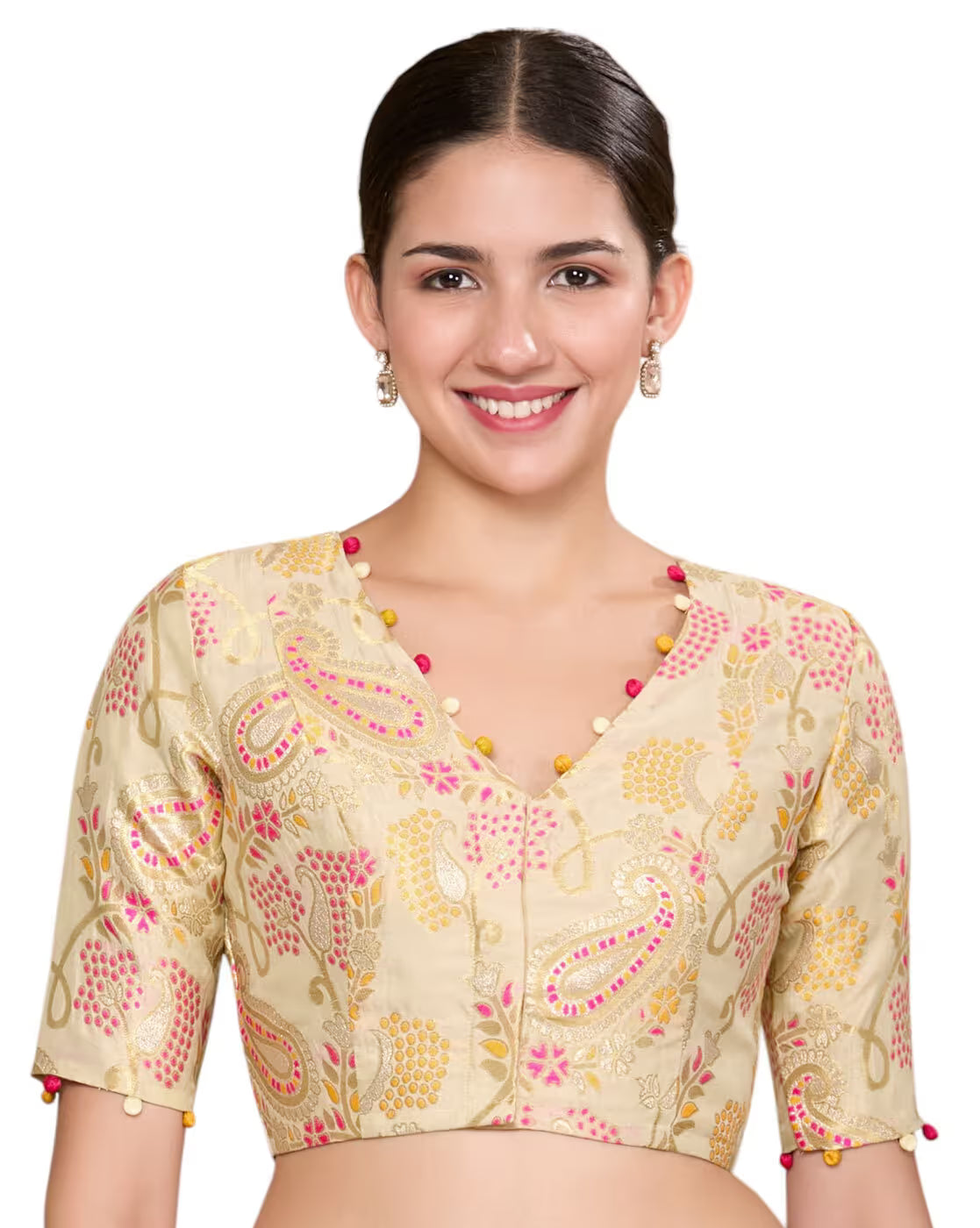 Woman wearing a patterned blouse on a white background