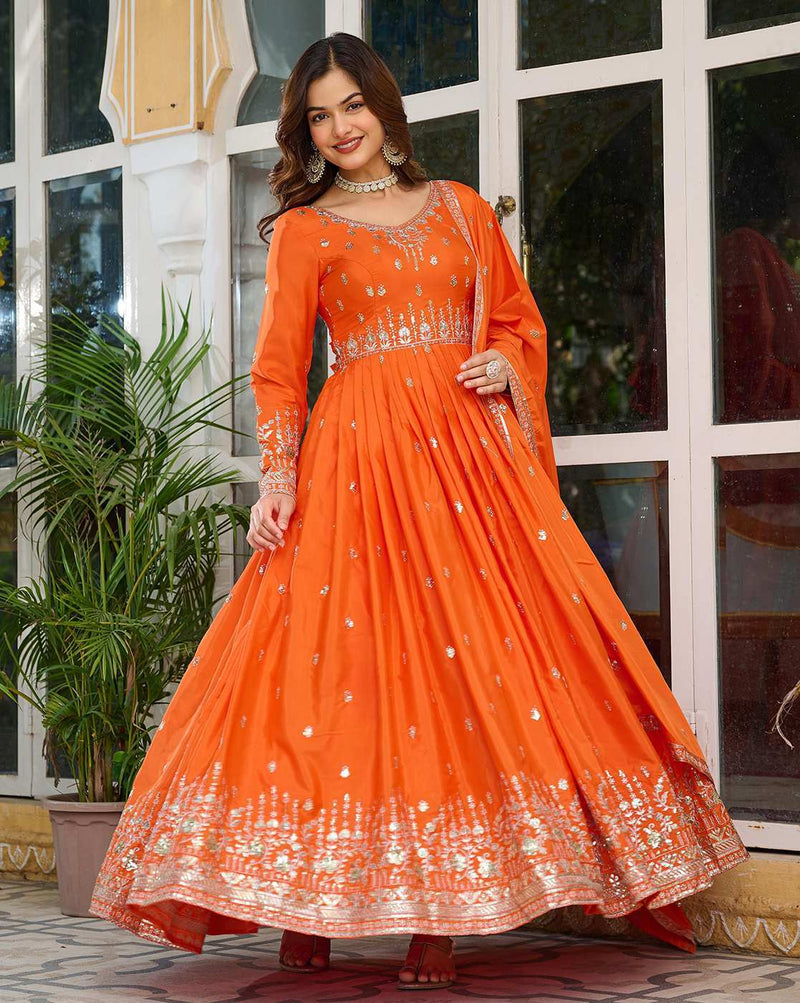 Aromie orange embroidered Georgette Anarkali Kurta Set three piece with long sleeves and dupatta