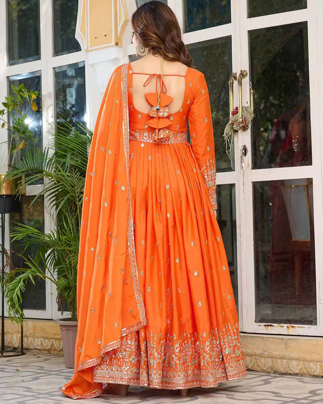 Orange embroidered Georgette Anarkali Kurta Set by aromie three piece back view with dupatta and tie back detail