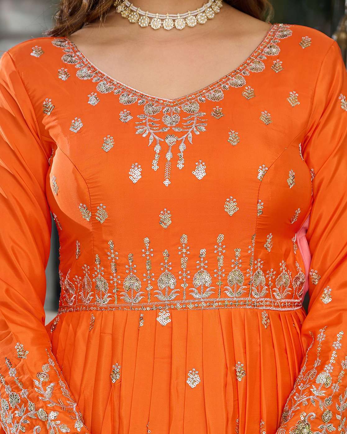 Aromie orange embroidered Georgette Anarkali Kurta Set three piece with V neck long sleeves and foil work