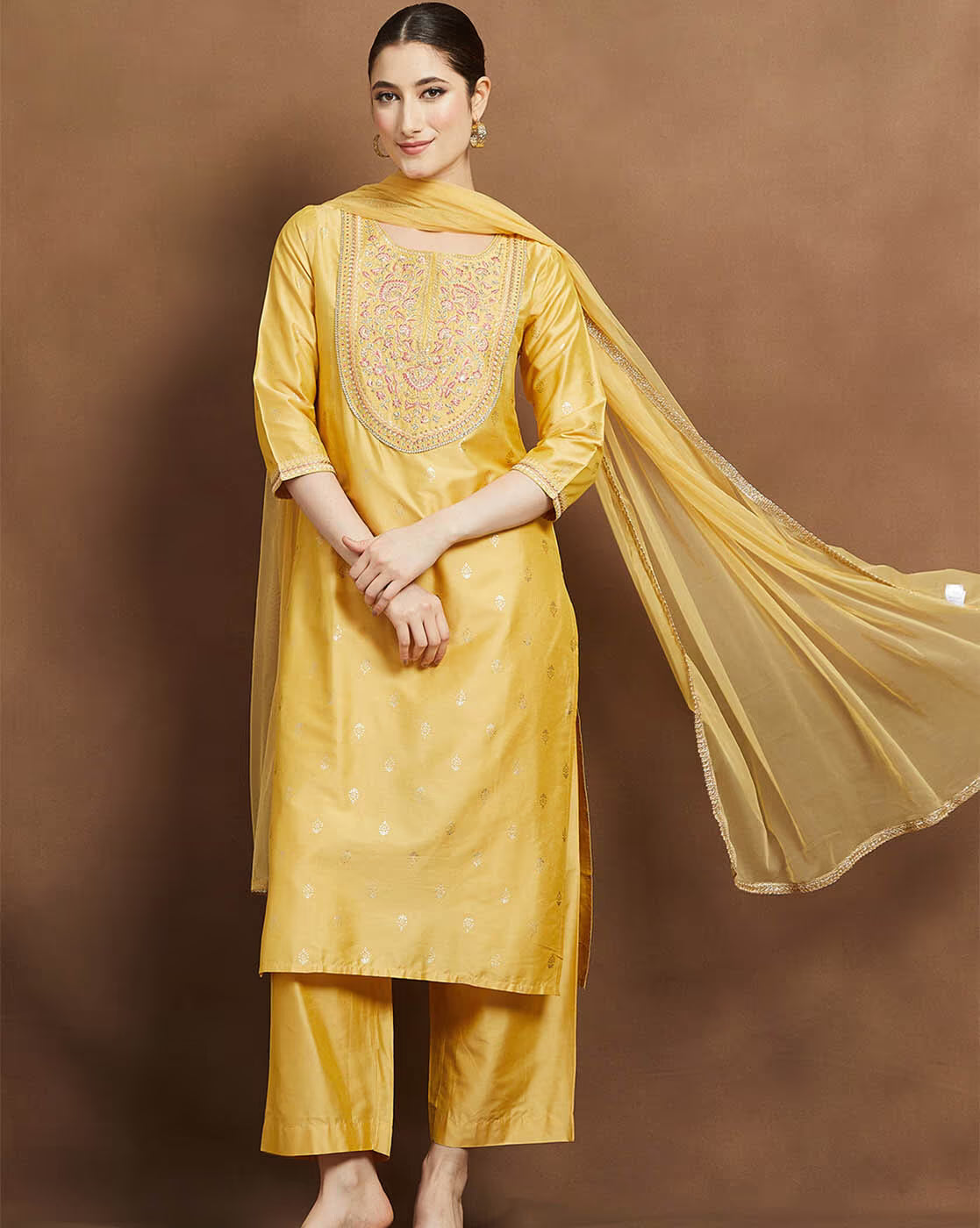 Women Embroidered Straight Kurta Suit Set