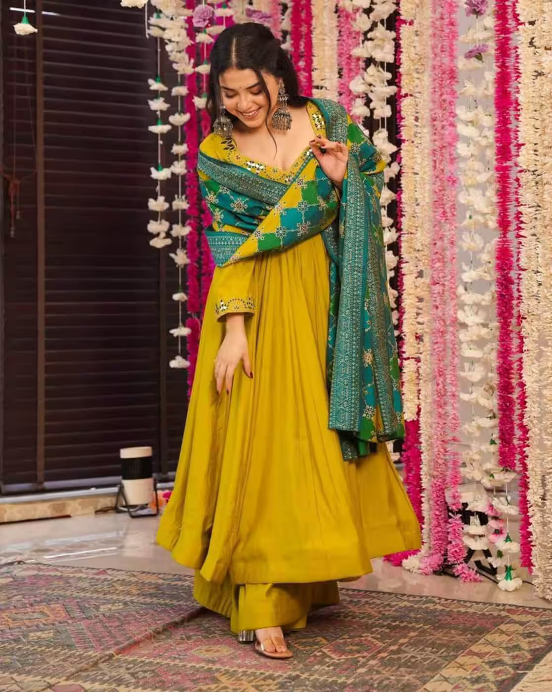 Aromie three piece kurtha in mustard green anarkali with teal dupatta and floral embroidery maroon embroidered kurta set